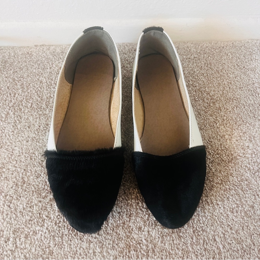 Zara Black & White Genuine Sheepskin Leather Horsehair Ballet Flats, Size 7.5